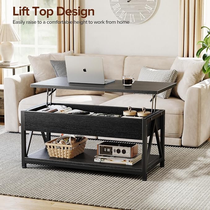 Memobarco Lift Top Coffee Table,Lift Coffee Tables with Storage Shelf and Large Hidden Compartment for Living Room,Lifting top Coffee Table for Small Space,Black