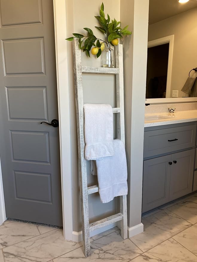 BarnwoodUSA Rustic Farmhouse Decorative Ladder - Our 6 ft Ladder can be Mounted Horizontally or Vertically and is Crafted from Upcycled Wood | No Assembly Required | White