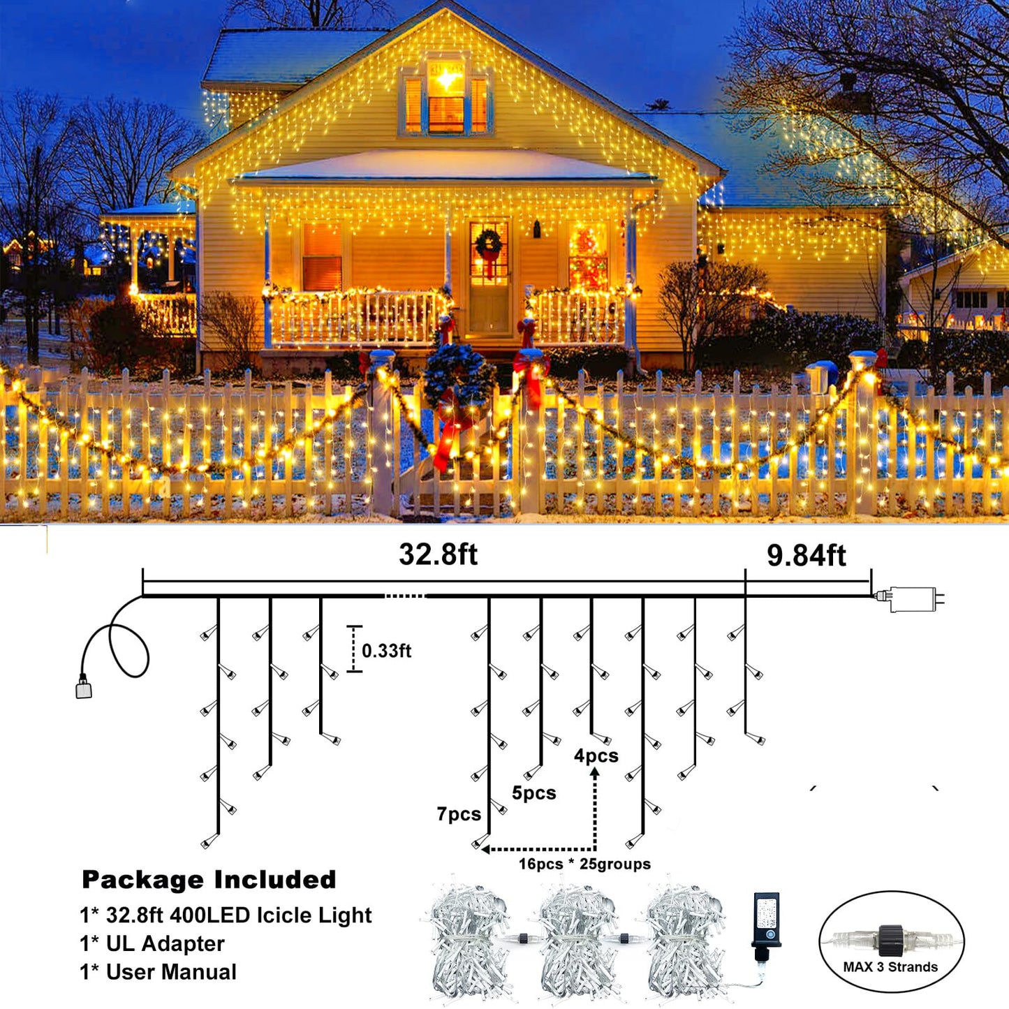 XmasBokeh Icicle Lights for Outside - 33FT 400 LED Icicle Christmas Lights Outdoor with 75 Drops, Plug in Connectable Curtain String Light for Indoor House Patio Roof Holiday Decor, Warm White