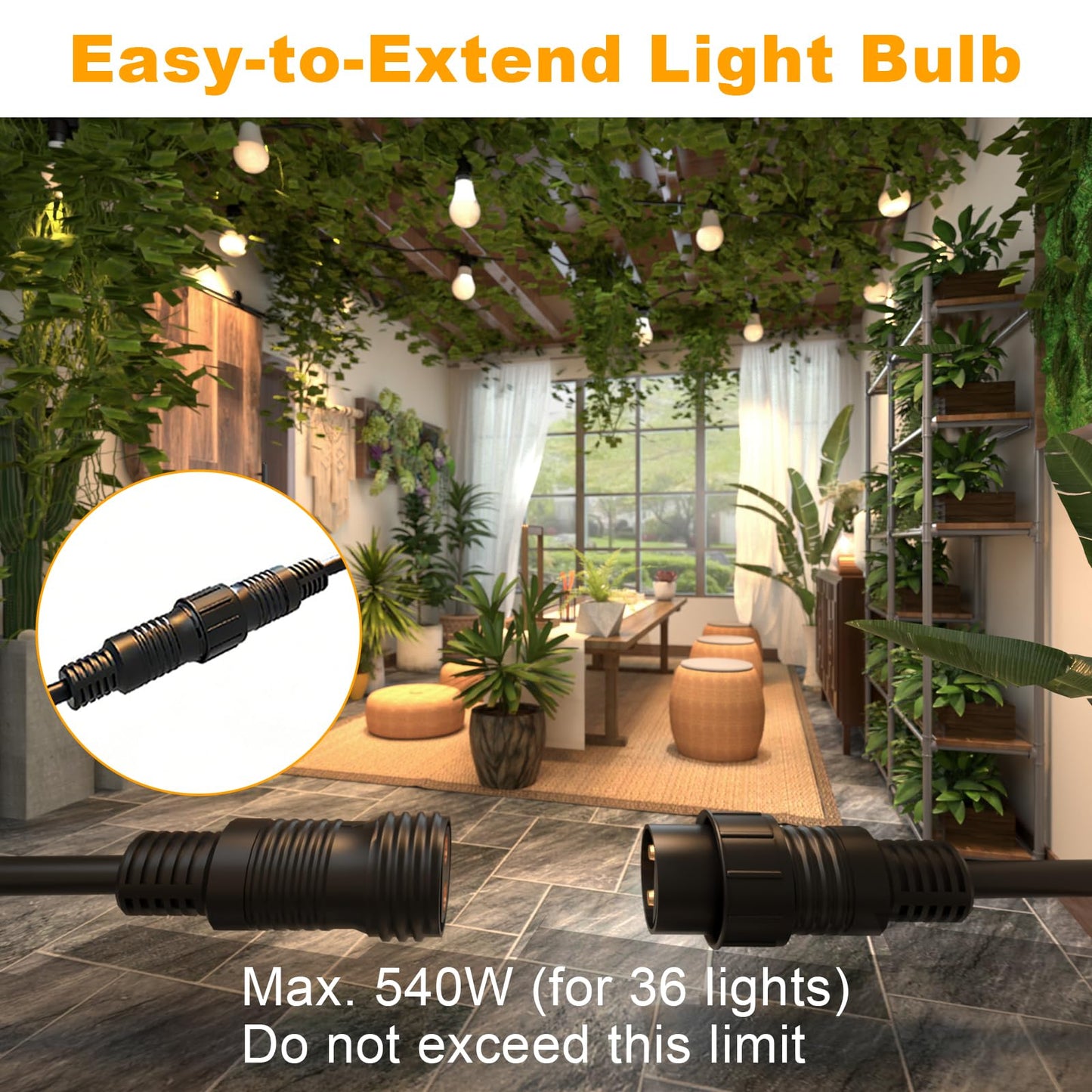 LED Grow Light Bulbs on a 22 ft Rainproof String, 90W Waterproof Full Spectrum Hanging Plant Growing Lamps, E26 Base for Backyard, Garden, Farm (6 Lights)