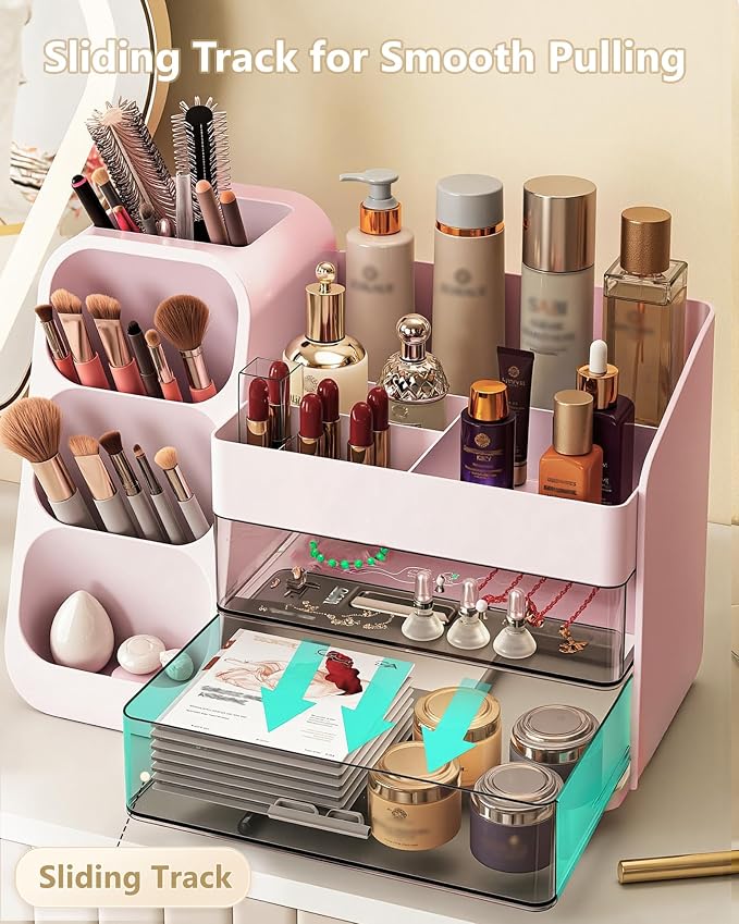 Anylady Large Capacity Makeup Organizer Countertop with Makeup Brush Holder for Vanity, Thickened Material, Bathroom Countertop Organizer Skin Care Perfumes Storage, Teen Girl Gifts for 13-25 Year