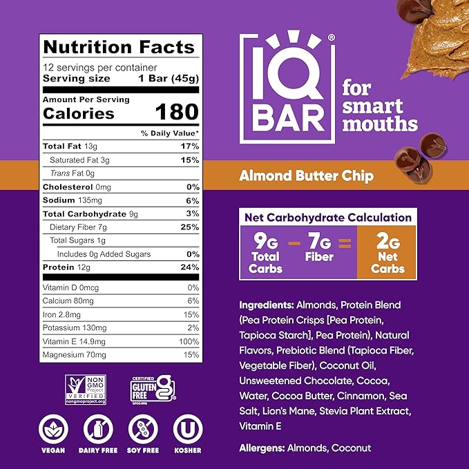 IQBAR Brain and Body Plant Protein Bars - Almond Butter Chip - 36-Count Low Carb - Gluten Free, High Fiber, Vegan Snacks - Low Sugar Meal Replacement