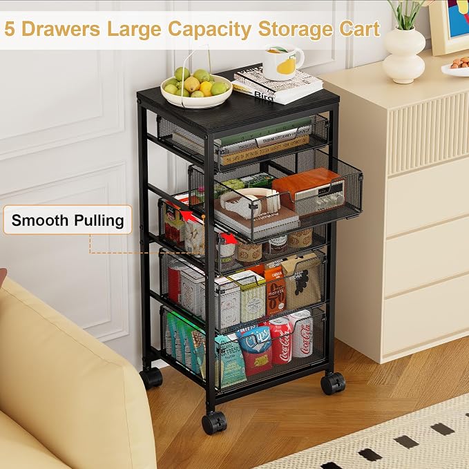Sbanmao Utility Cart with 5 Drawers, Rolling Storage Cart with Wooden Tabletop and Lockable Wheels, Storage Drawer Cart with Drawers, Craft Cart for Bedroom, Classroom, Home, Office,Black