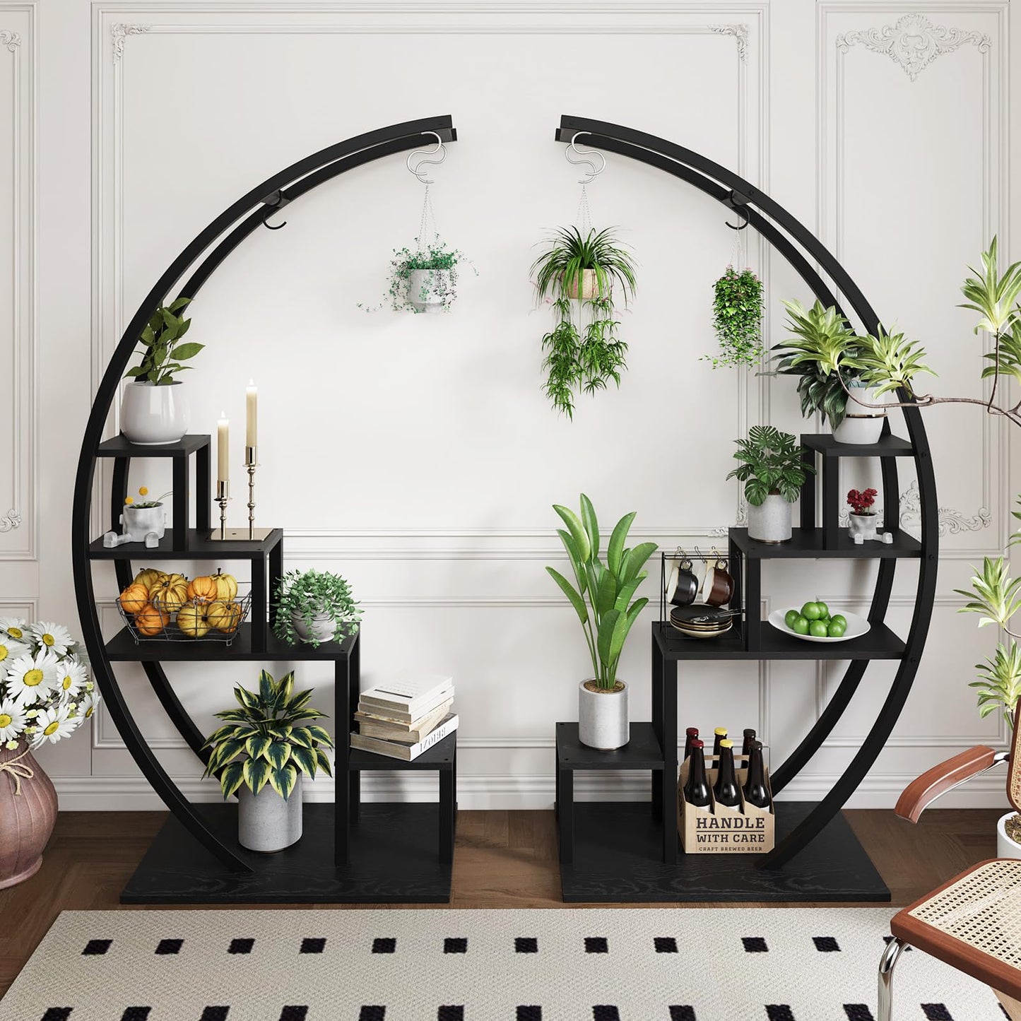 GarveeLife Plant Stand Indoor 5 Tier Tall, Metal Half Moon Plant Shelf 2 Pack, Stylish Tiered Flower Rack for Multiple Plants Display, Tall and Space-Saving Design