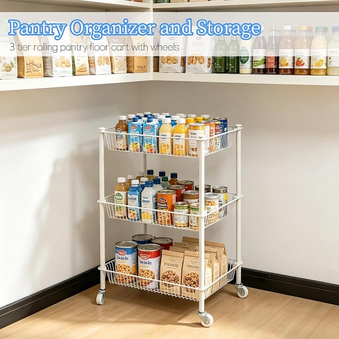 Kitchen Storage Cart for Fruit Vegetable 3 Tier Utility Cart with Wheels, White Rolling Pantry Floor Organizer Onion Potato Storage, Metal Wire Basket Stand Snack Shelf Home Organization
