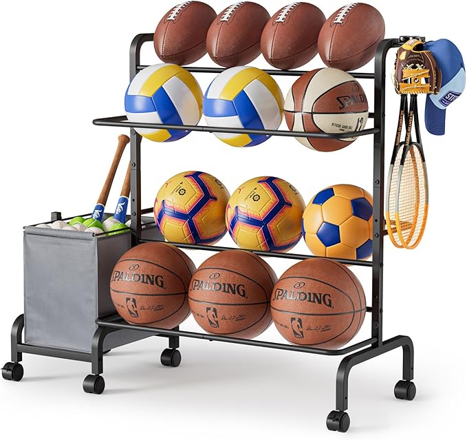 Ball Storage Rack, Adjustable Basketball Holder Display Stand with Ball Basket Bin Hooks, Outdoor Ball Cart with Wheels for Soccer Football Tennis Baseball, Sport Equipment Organizer for Garage Gym