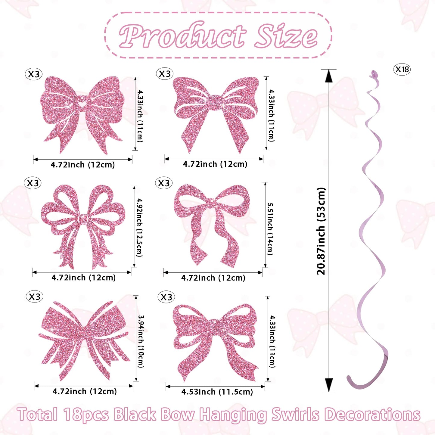 BEISHIDA Pink Bow Party Hanging Swirls Decorations, 18PCS Glitter Bow Party Decorations for Birthday Wedding Baby Shower Bachelorette Supplies