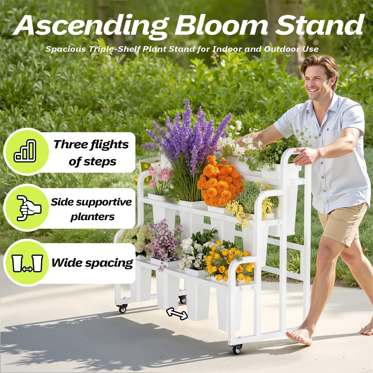 GVRVHJS Flower Display Stand with 11 Buckets, Moving Florist Bouquet Shelf, Upgrade 360° Swivel Wheels and Brake, Flower Cart 3 Layers for Indoor, Outdoor Patio Garden, Living Room, Florist (White)