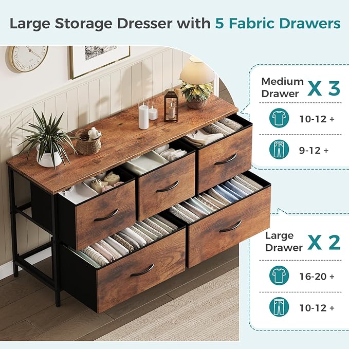 OLIXIS 5 Drawer Dresser for Bedroom, Closet Chest Organizer Furniture, TV Stand for Living Room Hallway, Wide Fabric Storage Tower with Wooden Top and Metal Frame, Brown