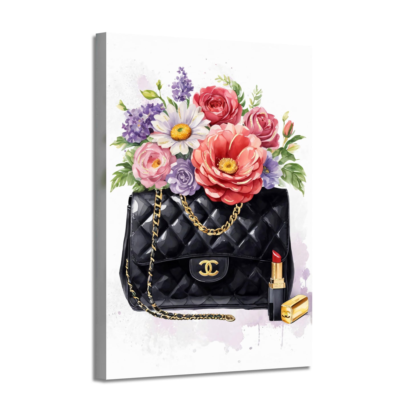 ARTISTIC PATH Luxury Handbag Canvas Wall Art: Fashion Floral Painting Lipstick Picture Print Chic Flower Painting for Bedroom or Living Room