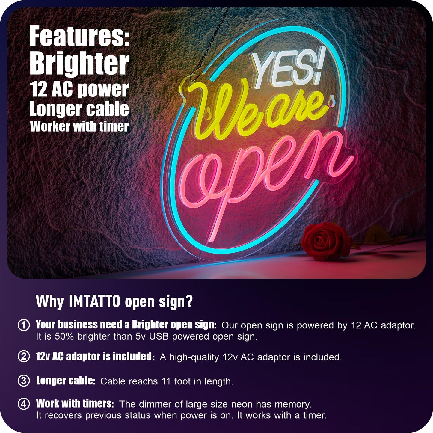 Yes We Are Open Signs for Business, Super Bright 12v AC Powered Open Sign with Switch Memory, Compatible with Timer