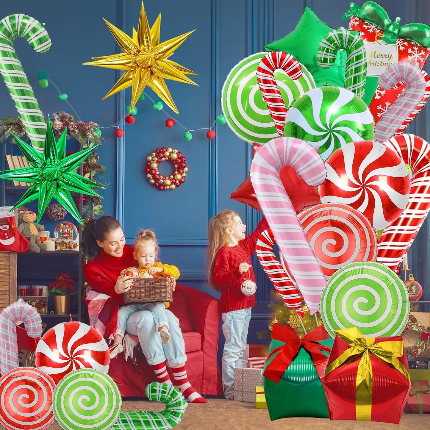 24 Pcs Christmas Balloons, Candy Cane Swirl Gift Box Balloons, Foil Red Green Pink Balloons Kit for Christmas Party Birthday Candy Themed Party Decorations