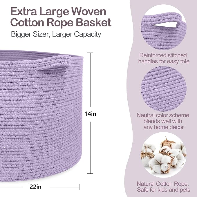 MEGASKET Purple Rope Storage Basket, 22" X 14" Large Woven Baskets, Jumbo Floor Bin for Throw Blankets Pillows, Baby Laundry Basket, Dirty Clothes Organizer, Big Storage Bin for Toys, Towels