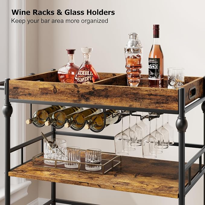 GarveeHome Bar Cart with Wheels, 3-Tier Serving Cart for Home, Mobile Rolling Beverage Cart with Wine Rack and Removable Tray for Kitchen, Dining, Living Room, 35.4" x 15.7" x 34.1", Rustic Brown