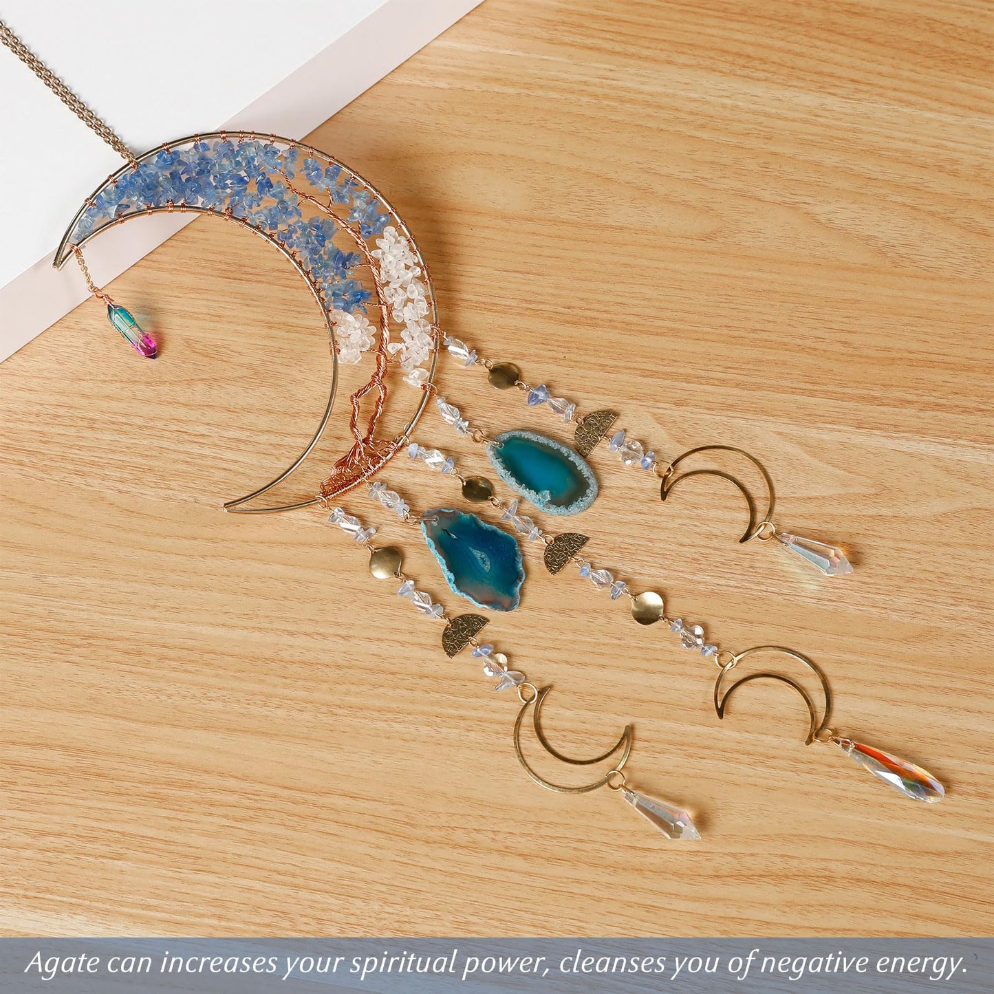 Agate Gemstone Dream Catcher 7 Chakra Tree of Life Dream Catcher with Crystal Stones Handmade Dreamcatcher Wall Decor for Adults Boys Girls,Bedroom,Wedding,Garden,Bless Gift(Blue Moon with Pendant)