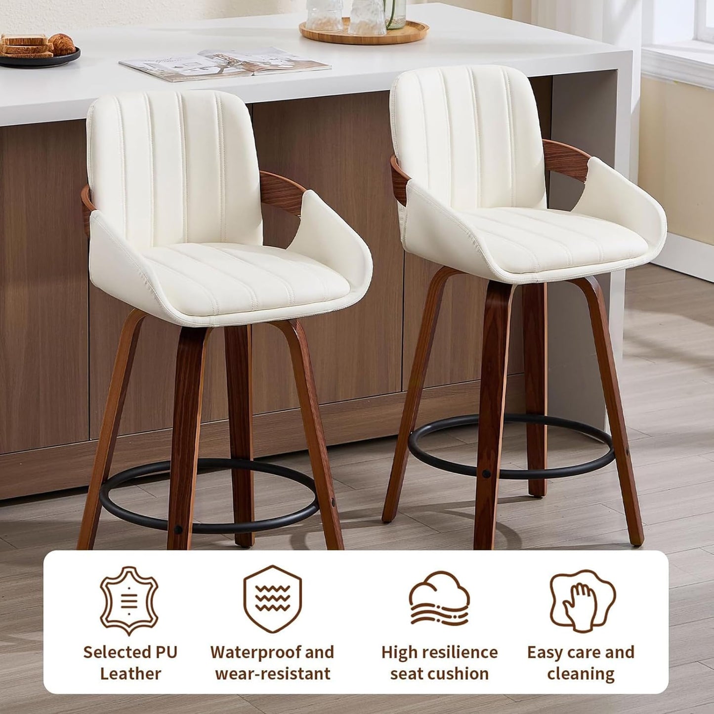 VipDesk Bar Stools Set of 2, 26" Counter Height Swivel Stools with Back, Walnut Wood Frame, PU Leather, Built-in Footrest, Modern Kitchen Island Chairs – Easy Assembly & Sturdy Design - Cream White