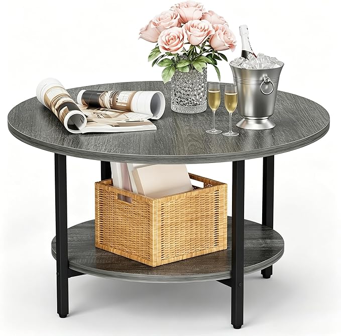 FAMIDGE Coffee Table, 27.6“ Circle Coffee Tables for Living Room, 2 Tier Round Coffee Table with Storage, Wood Accent Center Floor Table for Bedroom, Industrial Home Office, Elegant Gray