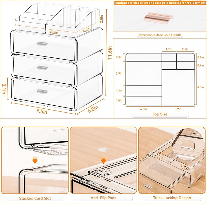 Yieach 4 Tier Clear Acrylic Makeup Organizers with Drawers,Tiered Countertop Make up Storage Organizer for Dresser Top and Bathroom Vanity,Plastic Makeup Stand for Brush,Skincare,Beauty Organizers