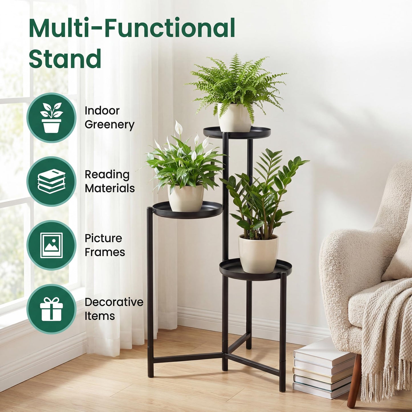 COSTWAY 3 Tier Corner Plant Stand, 26 Inch Metal Plant Shelf Flower Pot Stand, Heavy Duty Plant Holder for Outdoor Indoor Living Room Balcony