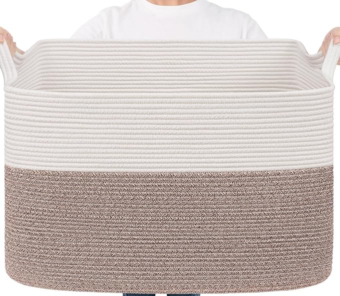 Goodpick 105L Extra Large Blanket Basket 25" x 16" x 16" Cotton Rope Storage Baskets for Organizing, Baby Laundry Basket with Handles, Rectangle Woven Baskets for Storage, Brown