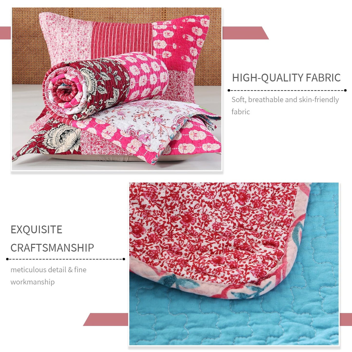 BOV Farmhouse Quilt Queen – 100% Cotton Patchwork Reversible Quilt Bedding Set, Pink Floral Cotton Quilt with Abstract Geometric Design, Bohemian Quilt Set with 2 Pillow Shams, Farmhouse Bedspreads
