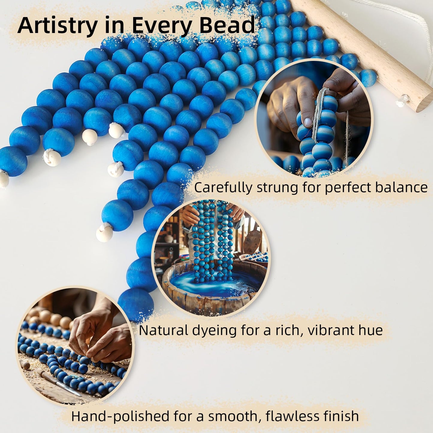 Wood Beads Small Tapestry 2 Pieces Blue Boho Wall Decor Art Western Rustic Hanging Macrame Decoration for Kids Girl Boy Room Nursery Bedroom Living Room Dorm Shelves Entryway