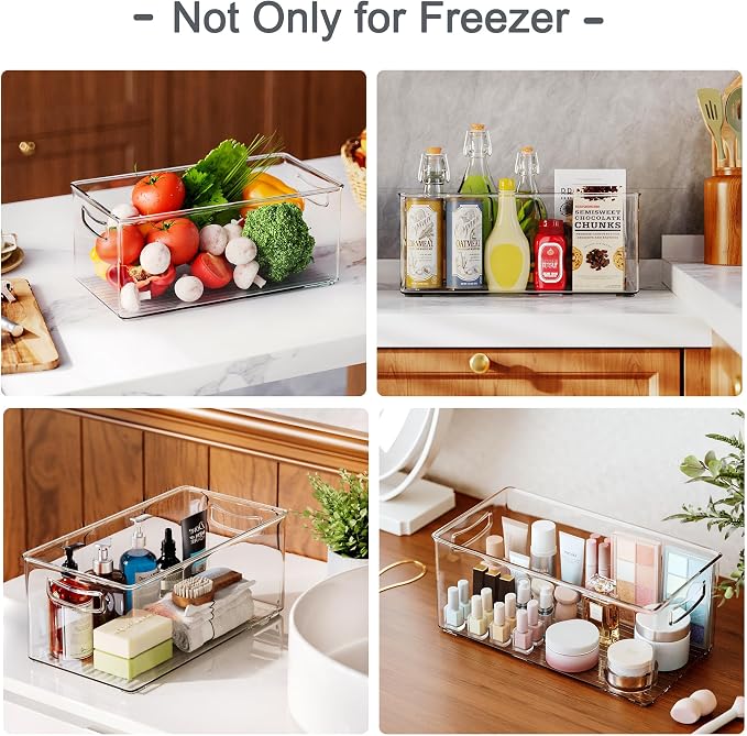 Heyuzb 8 PACK Freezer Organizer Bins Fridge Organizers and Storage Stackable Refrigerator Organizers Bins with Side Handles Clear Storage Bins for Pantry, Under Sink, Kitchen Cabinet