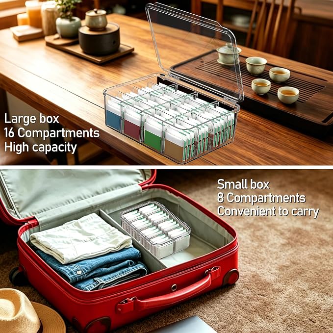 Tea Bag Organizer, 2 Pcs Clear Tea Organizers, Acrylic Storage Box with Lids, Stackable Partition Holder for Drawers, Countertops, Fridge, Kitchen (16 Compartments + 8 Compartments)