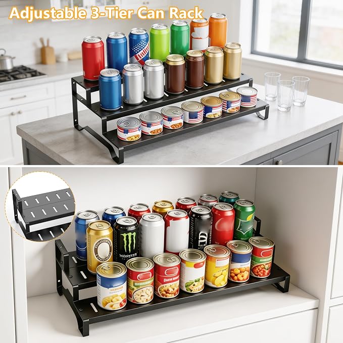 Attelite 3 Tier Expandable Can Rack Organizer for Pantry, Adjustable 13"-21" Metal Soda Can Organizer, Pantry Organization Canned Food Storage Holder for Kitchen Cabinet Countertop, Black 1Pack
