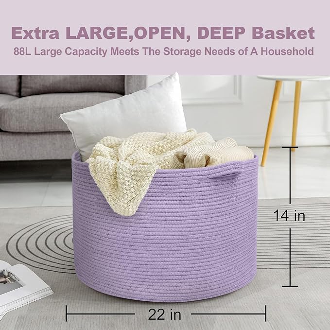 MEGASKET Purple Rope Storage Basket, 22" X 14" Large Woven Baskets, Jumbo Floor Bin for Throw Blankets Pillows, Baby Laundry Basket, Dirty Clothes Organizer, Big Storage Bin for Toys, Towels