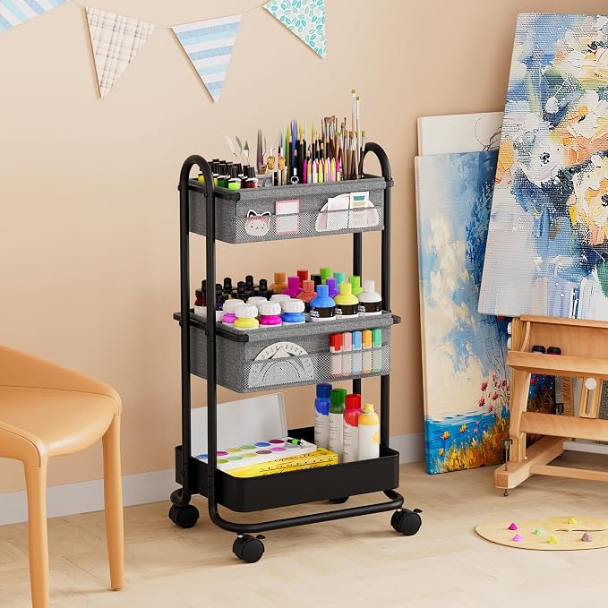 Modanais Baby Diaper Caddy Organizer Cart - 3 Tier Rolling Storage Cart with Wheels, Baby Essentials for Nursery Storage, Detachable Dividers - for Crib, Bedroom, Art & Craft Organizer (Black)