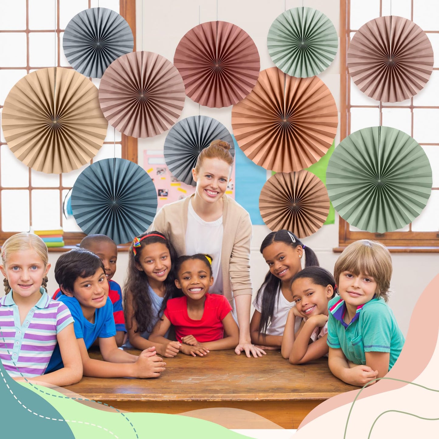 Weekgrat 18 Pcs Sage Green Brown Boho Hanging Paper Fans Decor Back to School Paper Fans Round Garlands Bulletin Board Classroom Decorations for Party Supplies Classroom Decor