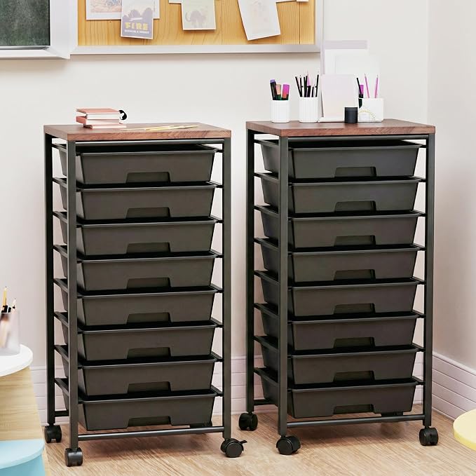 Rolling Cart with 8 Drawers, Storage Drawers Cart with Wooden Tabletop and Lockable Wheels, Craft Storage for Living Room, Office, Classroom, Craft Room, Bedroom (Black)