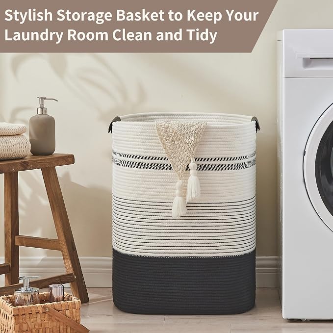 AINUOQI Laundry Basket with Handles - Blanket Basket & Hampers for Bedroom Aesthetic, Laundry Hamper & Blanket Storage for Living Room, Clothes Hamper, Tall, Large 17" x 14" x 22”, Black & White