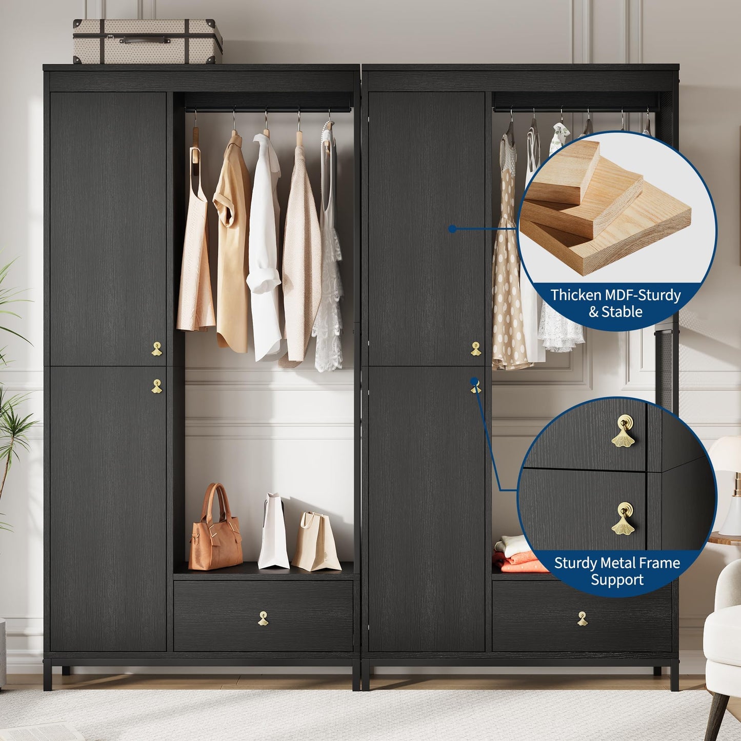GAOMON Modern Armoire Wardrobe Closet, Wood and Metal Frame Clothes Storage Organizer with Double Closed Doors, Open Hanging Rod, Bottom Drawer, Freestanding Bedroom Furniture for Small Spaces, Black