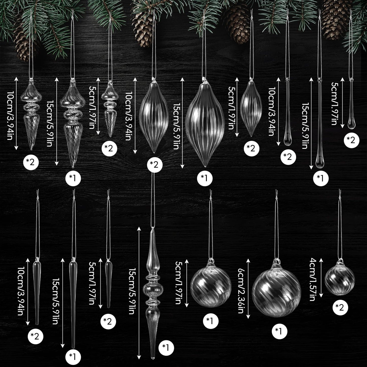 Thyle 25 Pcs Clear Glass Christmas Ornaments Glass Finial Teardrop Icicle Balls Hanging Decorative Crystal Ornaments for Christmas Tree Wreath Home Decoration Supplies, 6 Style