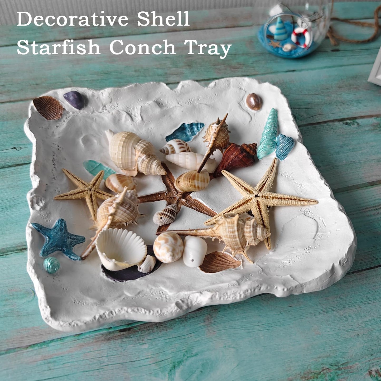 Afadorable White Resin Ocean Tray, Decorative Seashell Starfish Conch Bowl Key Trinket Storage, Coastal Centerpiece Table Decor for Home Living Room Kitchen, Beach Themed Wedding Party Decor