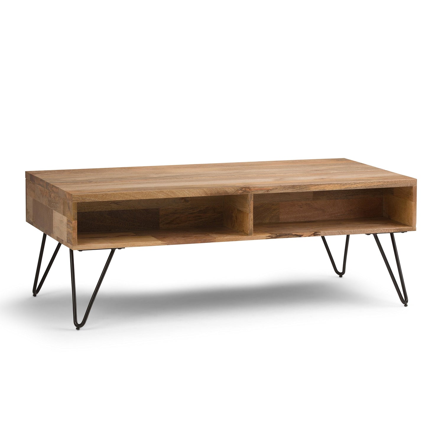 SIMPLIHOME Hunter Lift Top Coffee Table - 48 inch Wide Solid Mango Wood and Metal Industrial Cocktail Table in Natural, Functional Living Room Table with 2 Storage Cubbies and Hairpin Legs