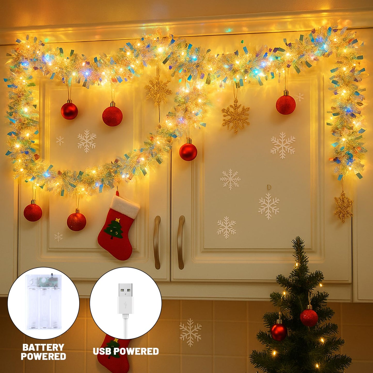 LAWOHO 16.5FT/5M Christmas Tinsel Garland with Lights, Shiny Iridescent Foil Garland for Valentines Day, Christmas Tree, Wedding Birthday Party, New Year Holiday, Indoor Outdoor Hanging Home Decor
