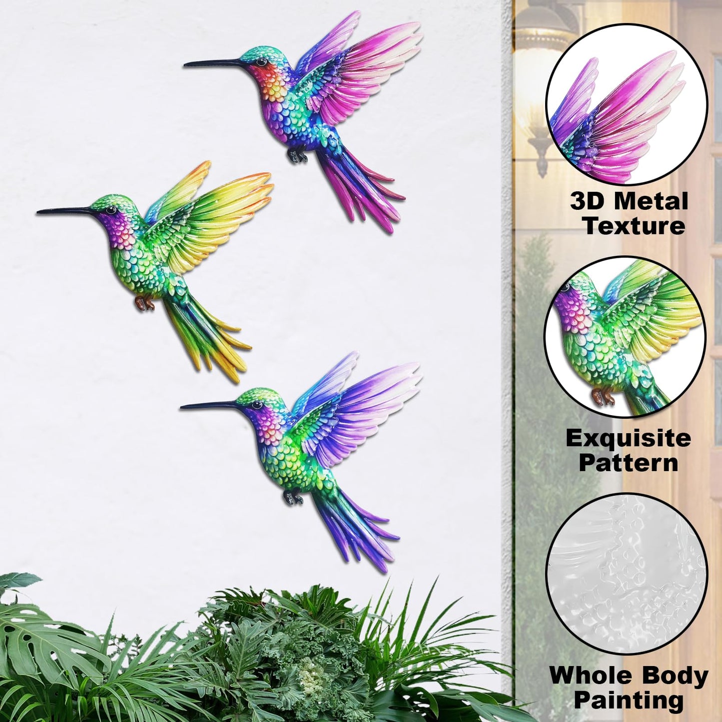 John's Studio 3Pcs Metal Hummingbird Wall Decor Outdoor Garden Hanging Art Sculptures Home Theme Decorations for Kitchen Bathroom and Pool