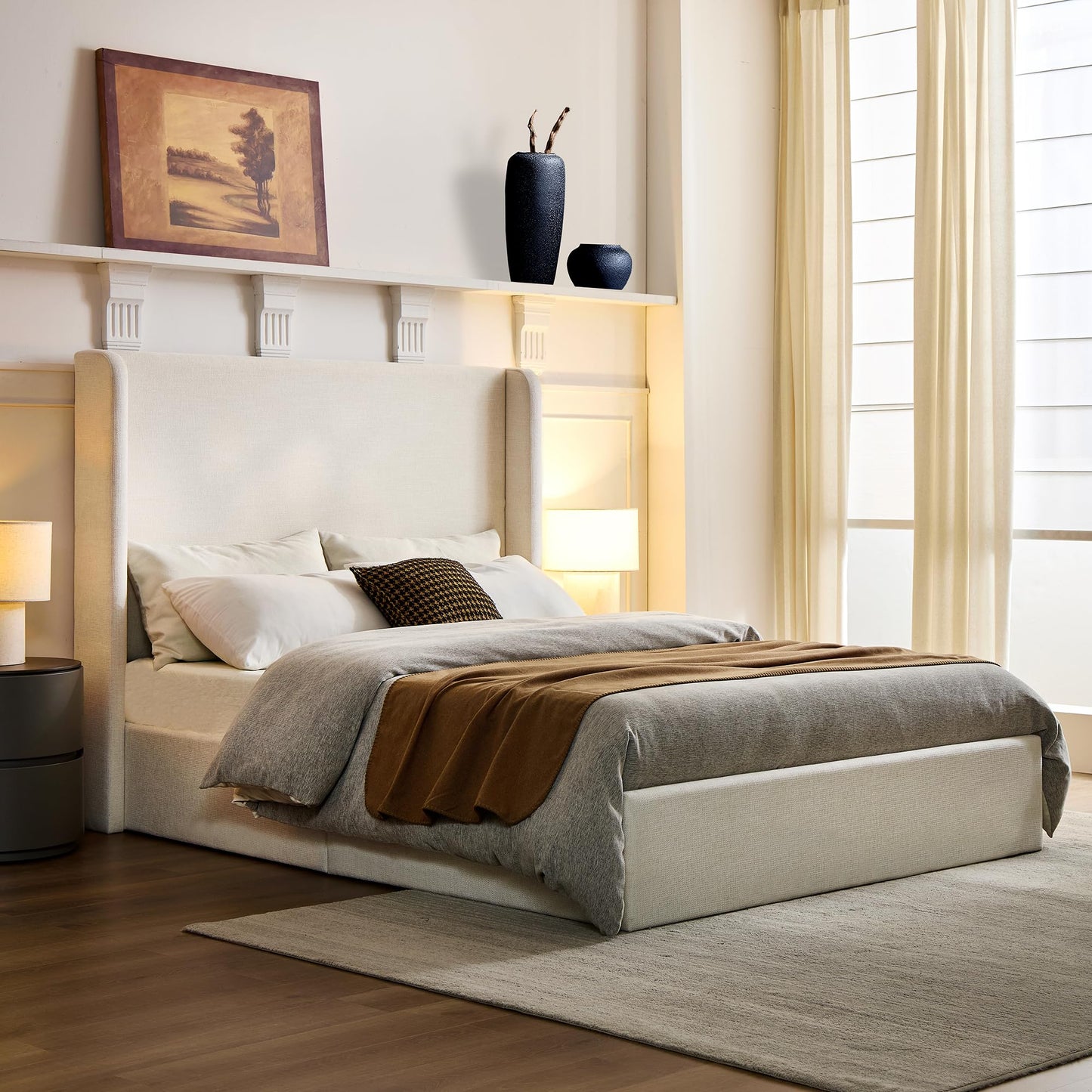 Tall Headboard Upholstered Bed,Queen Size Platform Bed Frame with 54" High Wingback Headboard,No Box Spring Needed,Wood Slat Support,Easy Assembly,Modern Minimalist Premium Textured,Ivory Chenille