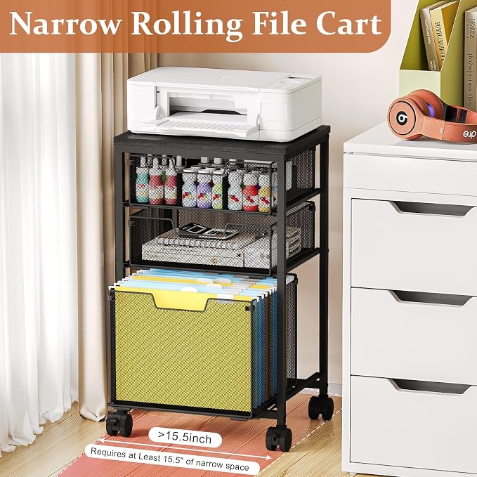 Sbanmao Rolling File Cart with 3 Drawers, File Cabinet with DIY Divider, Hanging Folder Holder Organizer with Wheels, Under Desk Storage Utility Cart, Printer Stand for Home Office, Black
