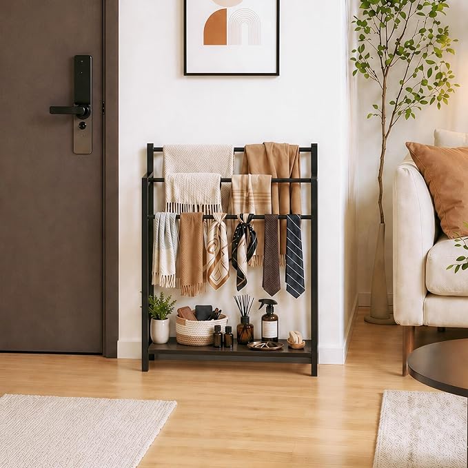 24.8" W Freestanding Towel Rack, 3 Tier Blanket Ladder Stand with Black Wooden Shelf for Bathroom Living Room