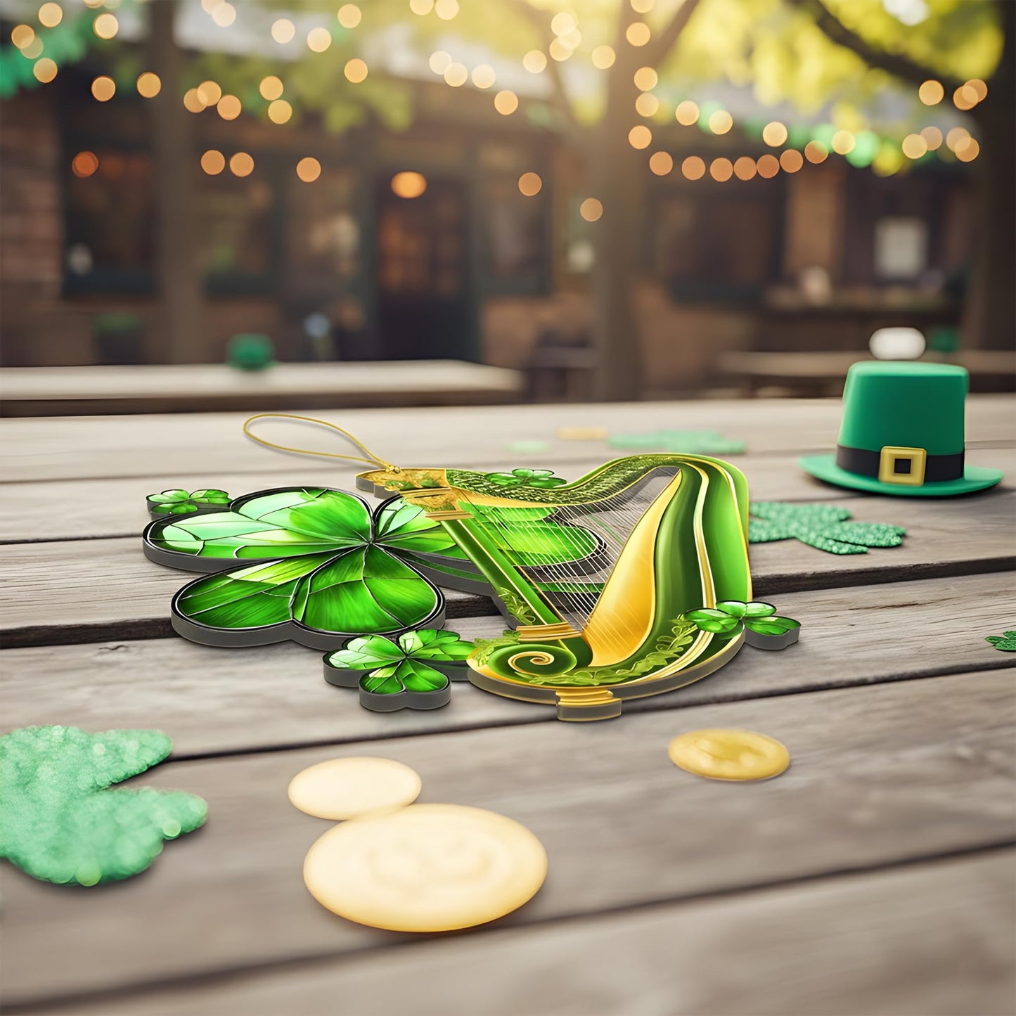 Irish Harp and Shamrock 2D Flat Acrylic Hanging Ornament, Green Gold Celtic Music Inspired Window or Wall Decor, Lucky Clover Holiday Decoration for Home Seasonal Display Gift Idea