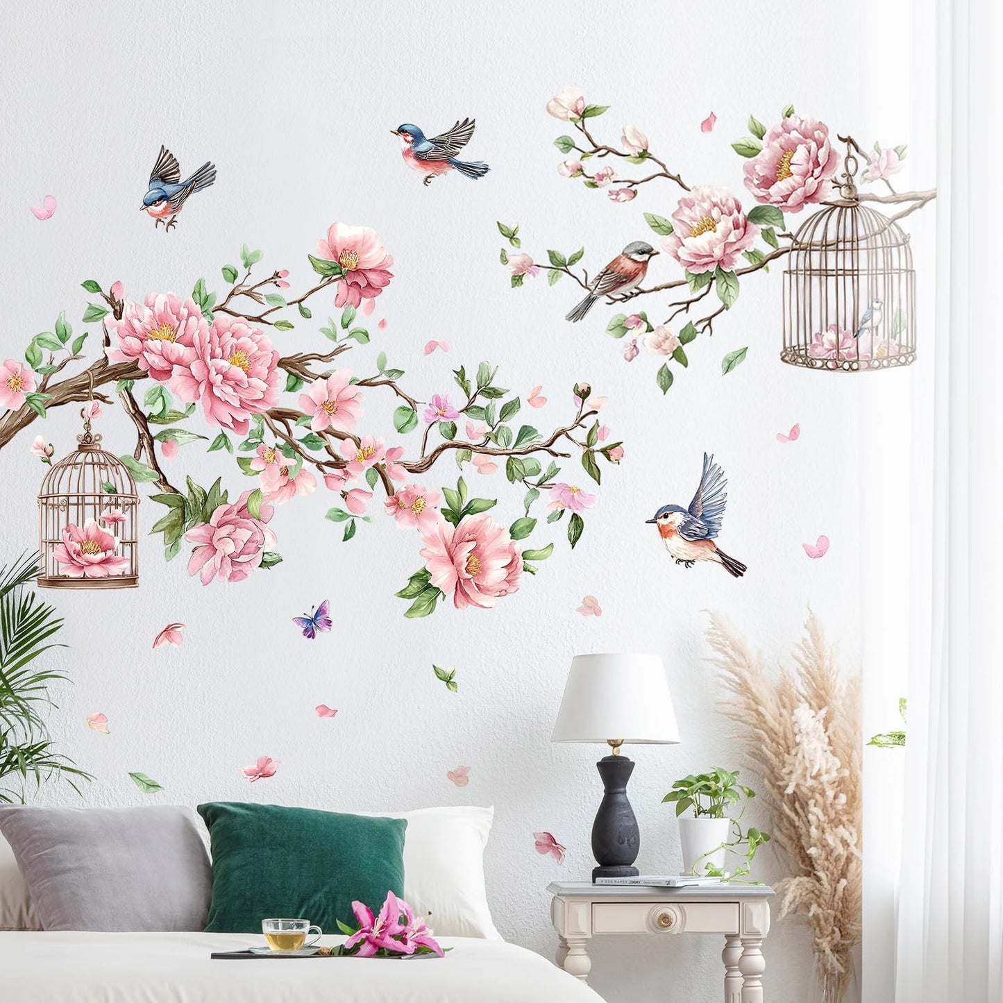 Removable Large Flowers with Tree Branches Wall Stickers – DIY Peony Floral Birds Wall Decals, Peel and Stick Leaves & Birdcage Wall Decor for Kids Girls Bedroom, Nursery, Living Room, Classroom