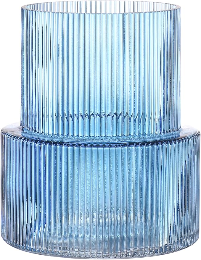 Blue Glass Vase, Ribbed Glass Vase for Tulips, Flower Vases for Bouquet, Blue Modern Vases for Living Room, Dining Table, Entryway, Mantle, Shelf, Wedding, Office, 7.5 Inches