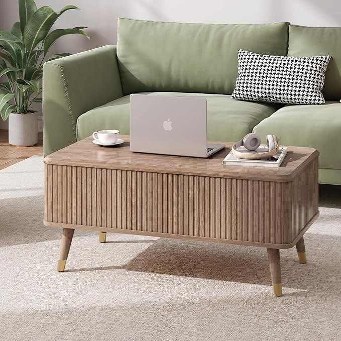 JOINICE Lift Top Coffee Table with Storage,Natural Wood Center Table for Living Room, Modern Farmhouse Oak Fluted Design,Pop-Up Desk for Work & Dining