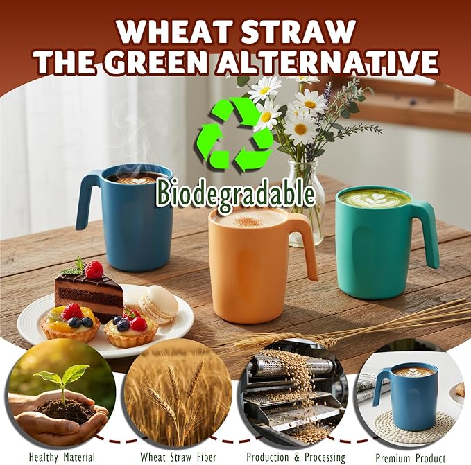 Coffee Mugs Set of 6, Wheat Straw Cups 16 OZ, Unbreakable Coffee Mugs with Handles, Reusable Tea Cup, Microwave Safe & Dishwasher Safe Coffee Tea Cups for Kitchen, Camping, RV, Multi
