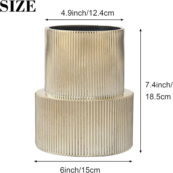 Ribbed Glass Vase, Flower Vase, Fluted Gold Vases for Flowers, Modern Vases for Living Room, Dining Table, Entryway, Shelf, Wedding, Office, Coffee Table, Birthday, 7.5 Inches