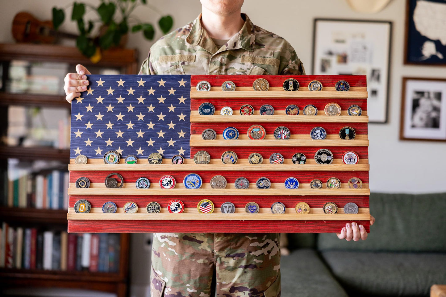 Flags of Valor American Flag Challenge Coin Display Holds 100 Coins Wooden Military Coin Holder Wall Decor Veteran Made Patriotic Flag Art Ready to Hang USA Handmade (Medium Unframed, 19" H x 36" W)